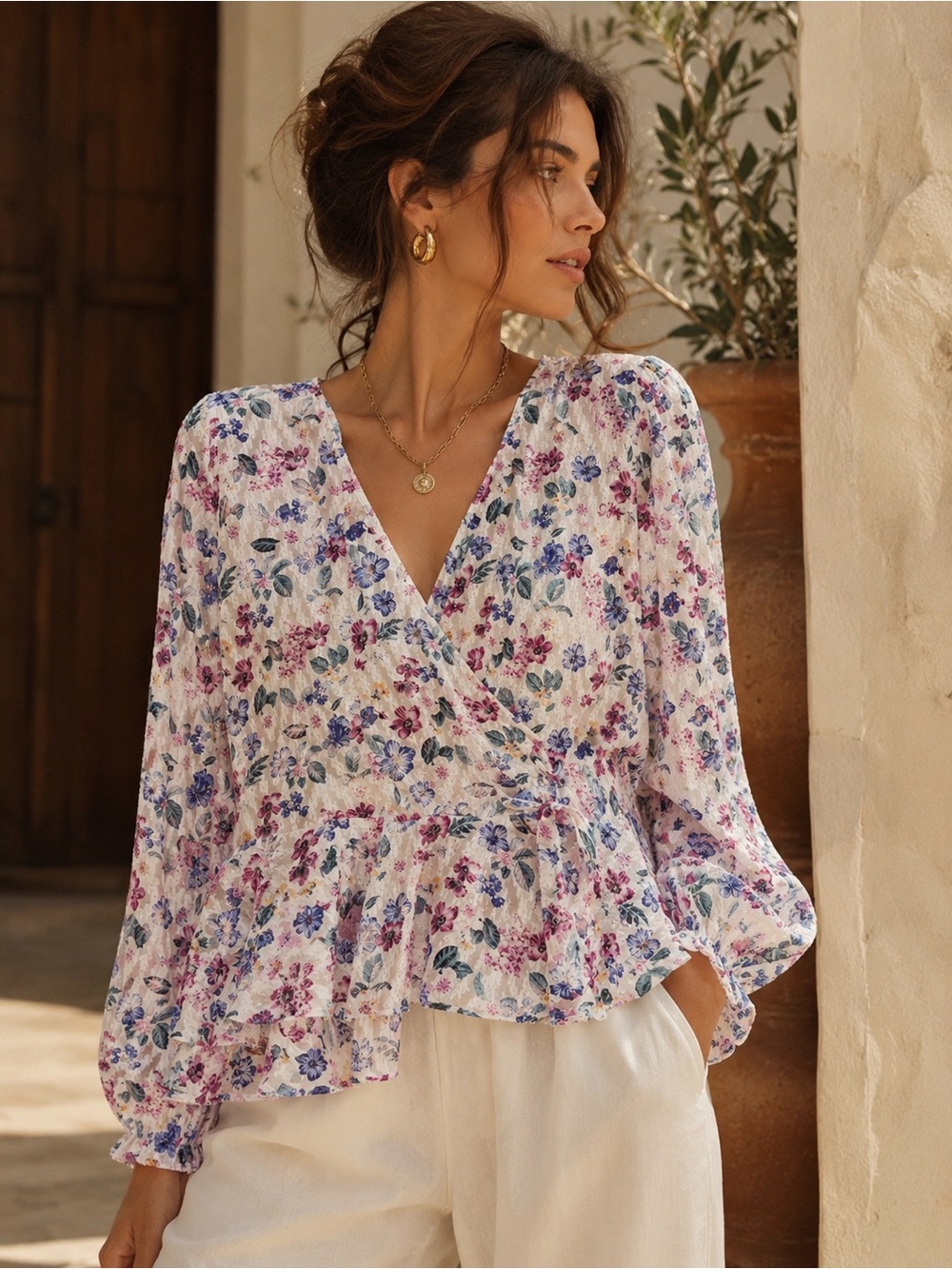 58. Floral Wrap V-Neck Blouse in Lavender & Blue